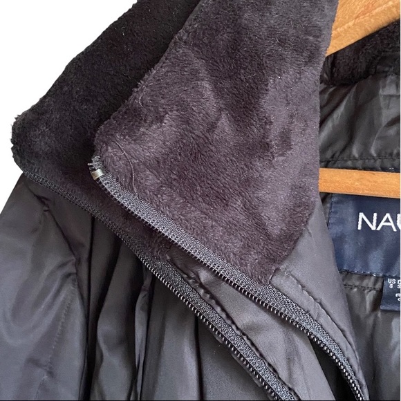 Nautica Black Down Quilted Puffer Style Long Parka Coat Sherpa Lined Hood Zip Up - Picture 7 of 13